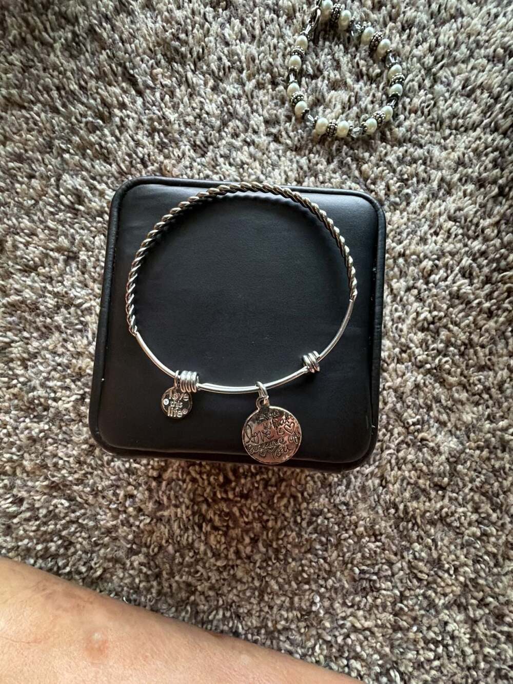 Love This Life Silver Tone Twisted Wire Charm Bangle Bracelet